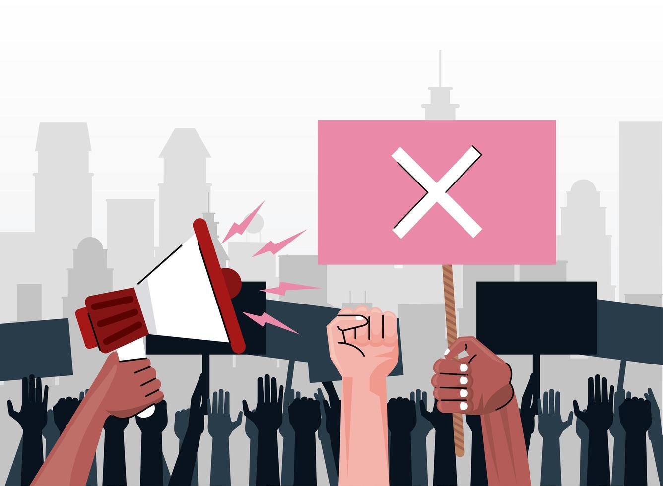 Interracial Menschen Hände protestieren Heben Banner mit x und Megaphon auf der Stadt vektor