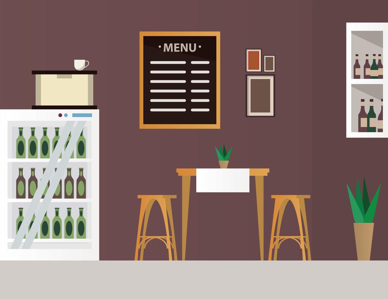 elegant bord och stolar med vinflaskor i kylskåp restaurang möbler scen vektor
