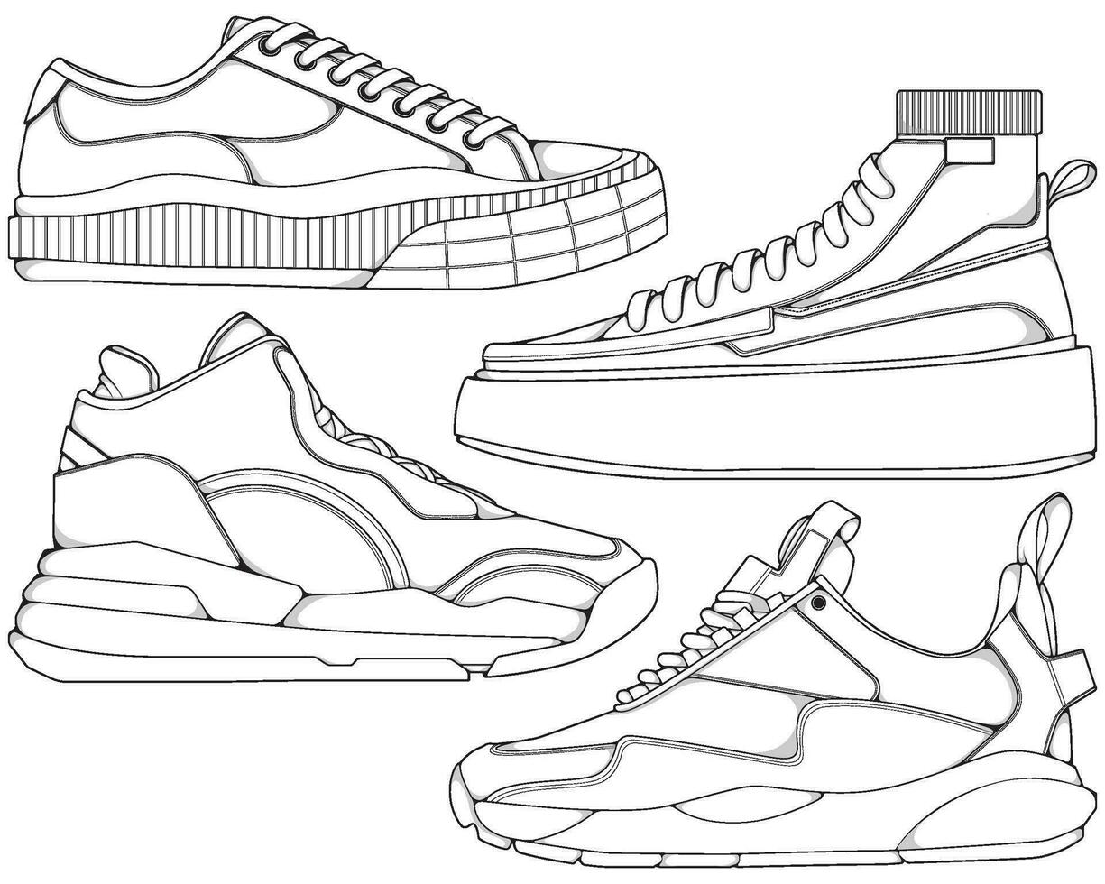 einstellen von Schuhe Sneaker Gliederung Zeichnung Vektor, Turnschuhe gezeichnet im ein skizzieren Stil, Bündelung Turnschuhe Sportschuhe Vorlage Umriss, Vektor Illustration.