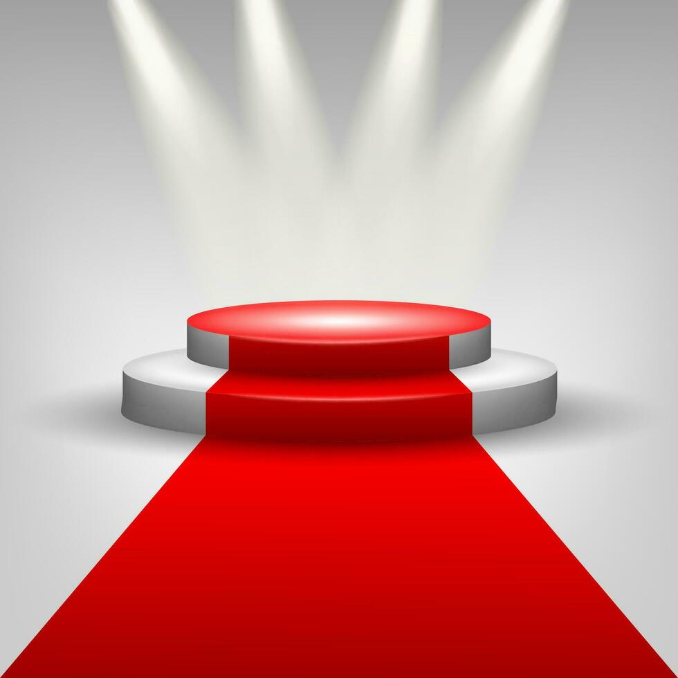 rot Teppich zu Podium Bühne mit Scheinwerfer, Vektor Illustration
