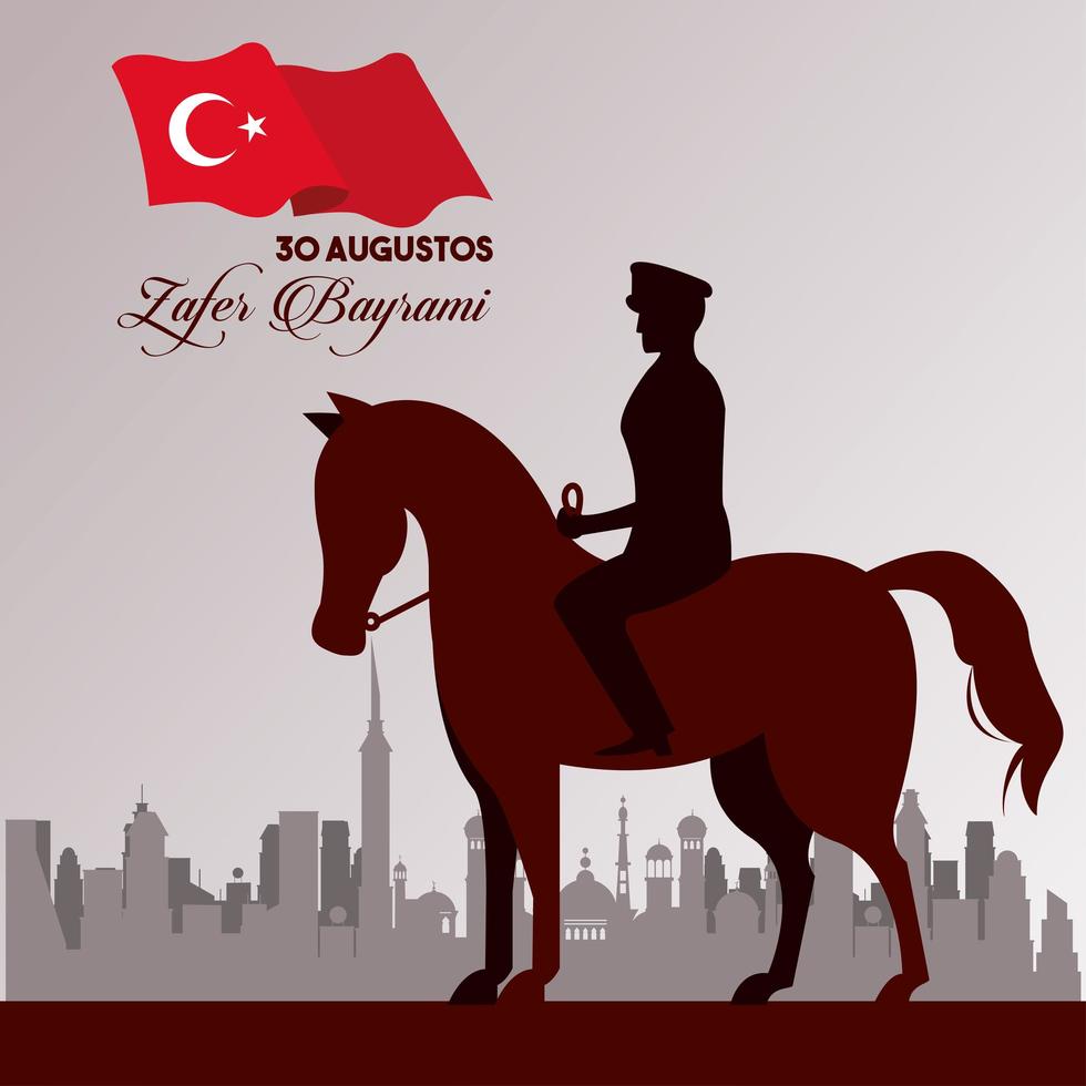 Zafer Bayrami mit Soldat in Pferd und Flagge auf der Stadt vektor