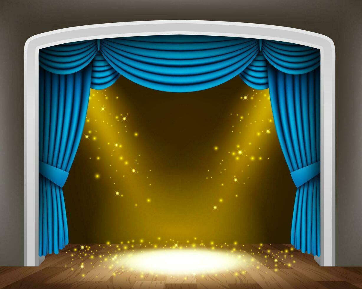 Blau Vorhang von klassisch Theater mit Gold Scheinwerfer und Funken, Vektor Illustration