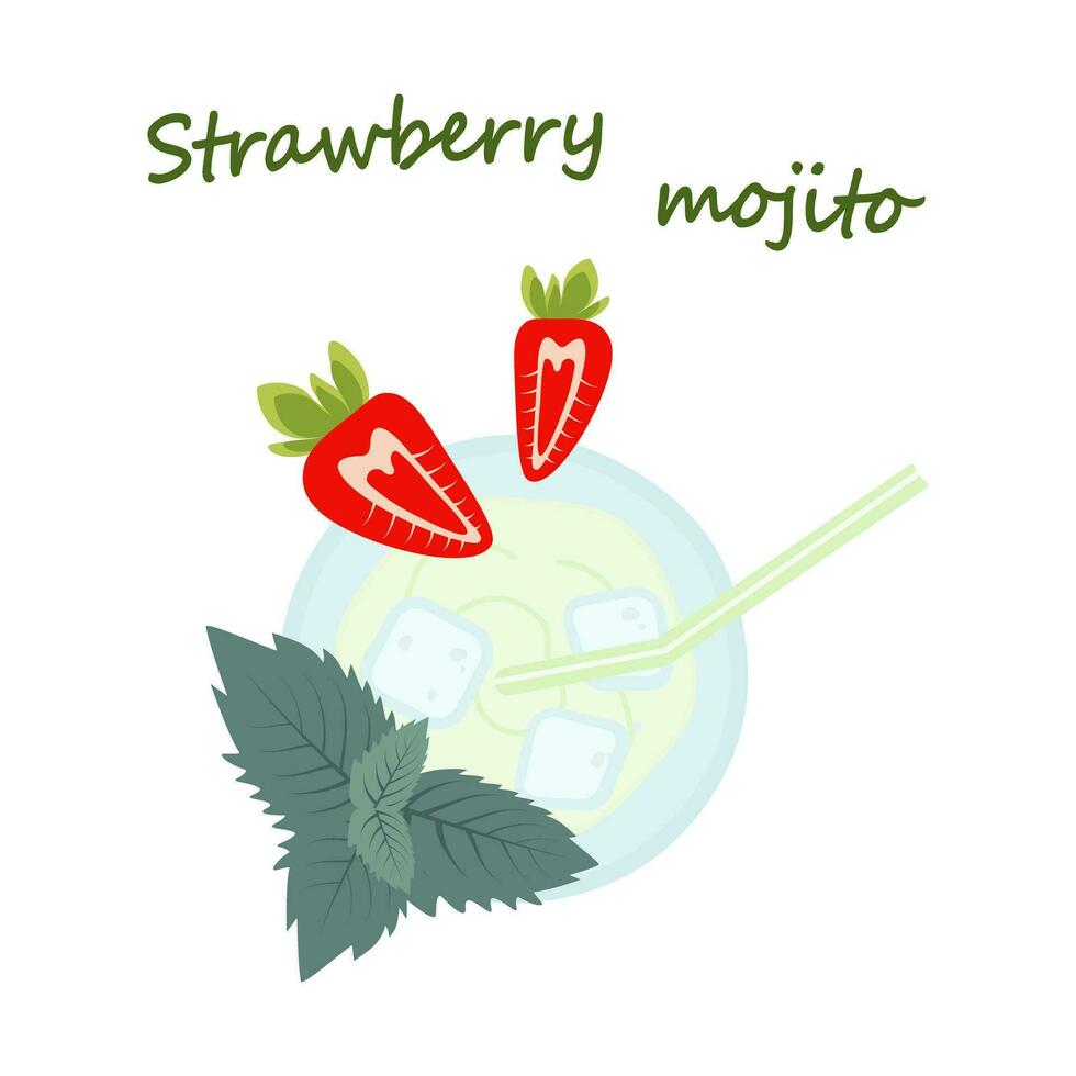 sommar uppfriskande mojito cocktail med jordgubbar, mynta löv, sugrör och text. Semester säsong vektor