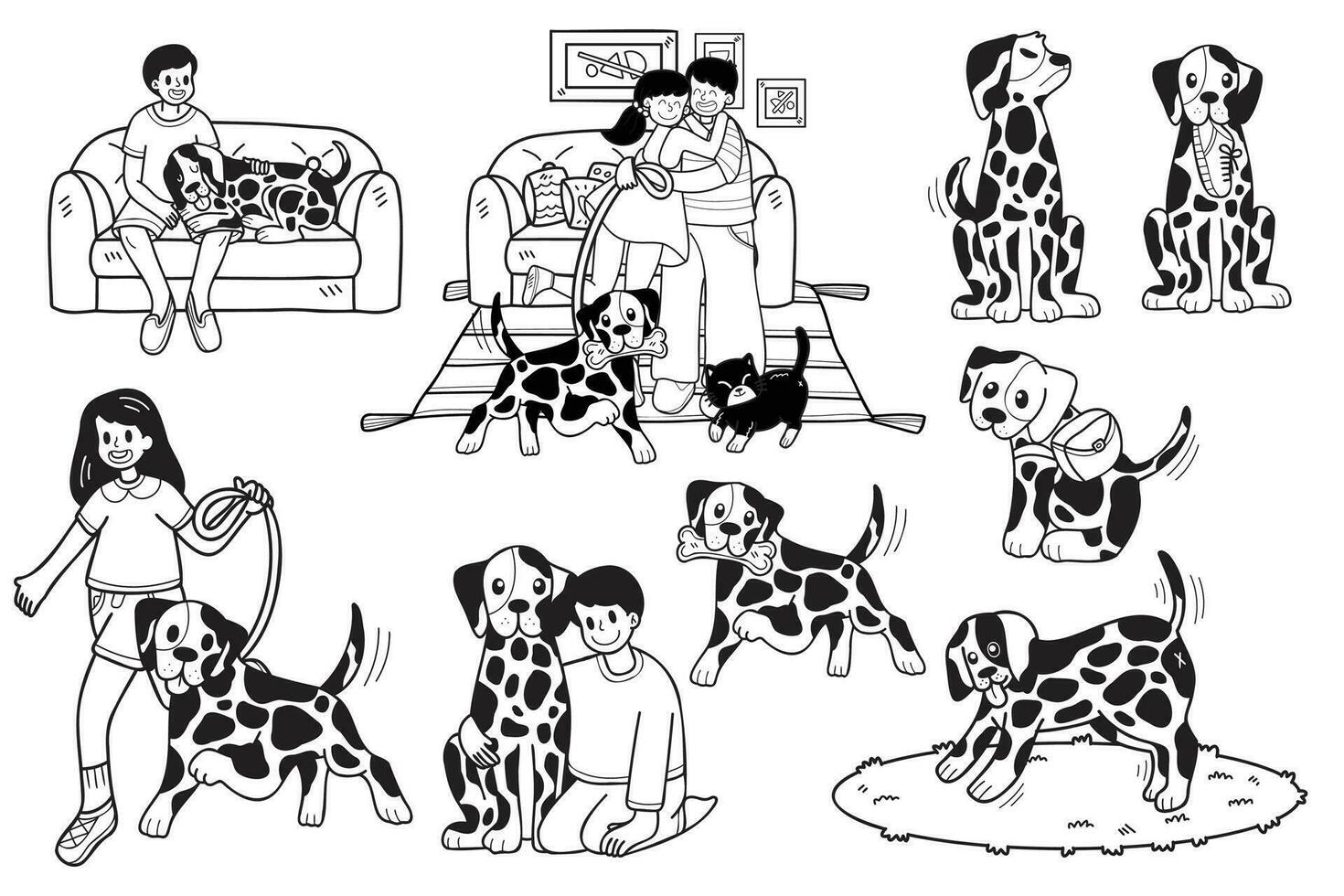 hand dragen dalmatian hund och familj samling i platt stil illustration för företag idéer vektor