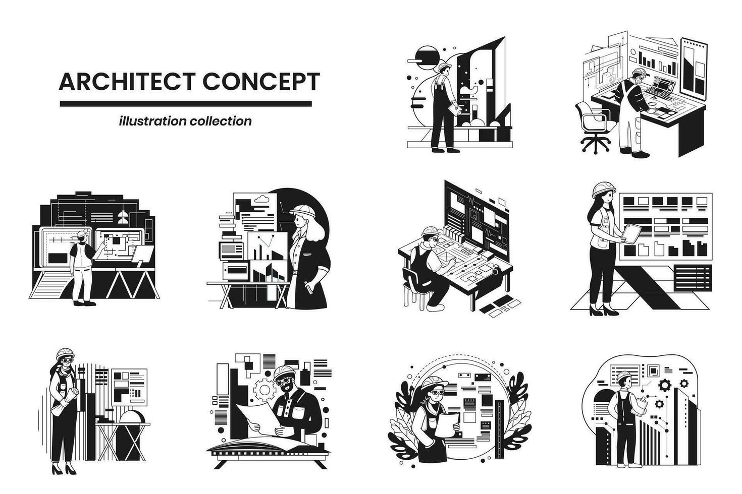 hand dragen arkitekter och ingenjörer samling i platt stil illustration för företag idéer vektor