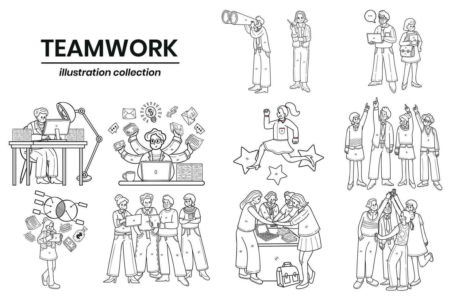 hand dragen företag människor och lagarbete i de arbetsplats i platt stil illustration för företag idéer vektor
