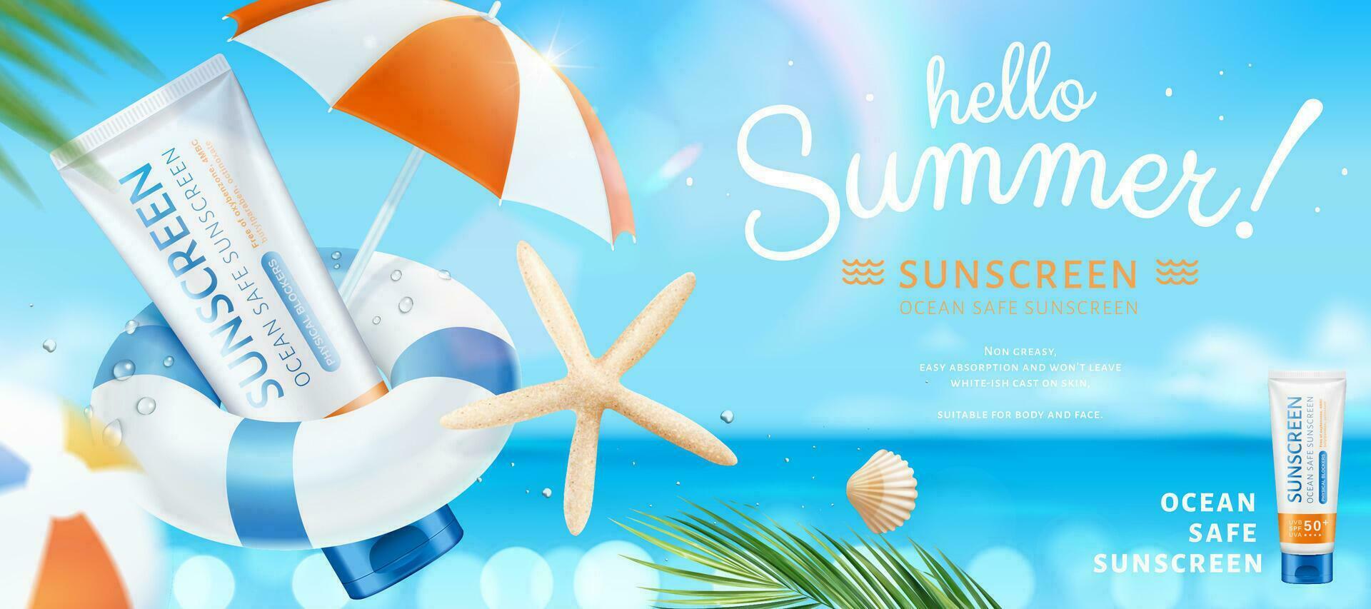 Sommer- Ozean sicher Sonnenschutz mit Seestern und Sonnenschirm Elemente auf Bokeh funkeln Strand Szene, 3d Illustration vektor