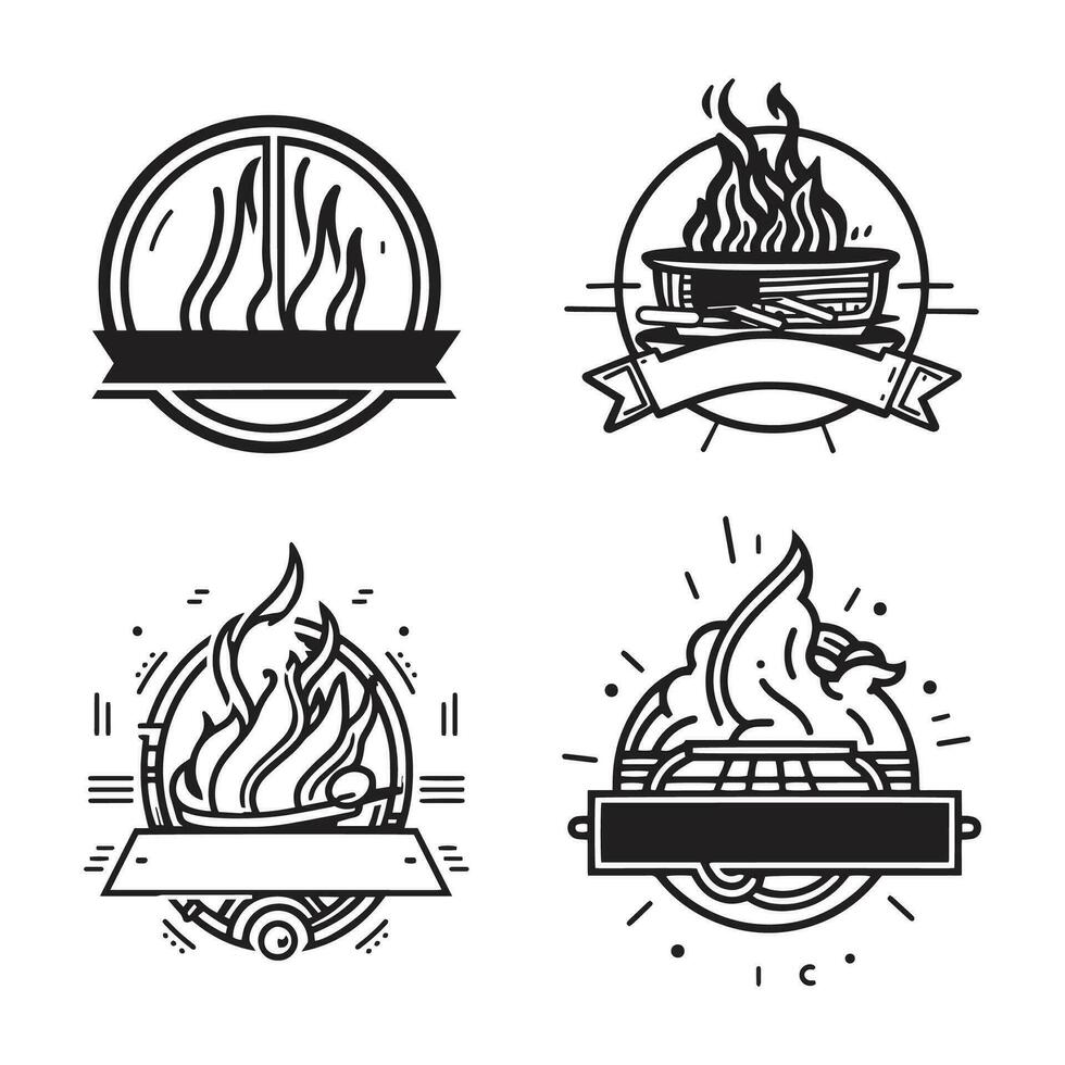 Hand gezeichnet Jahrgang Feuer mit Grill Logo im eben Linie Kunst Stil vektor