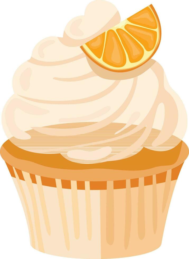 cupcake, muffin, kaka, efterrätt, orange kex och orange eller vanilj grädde, orange, skiva av orange vektor