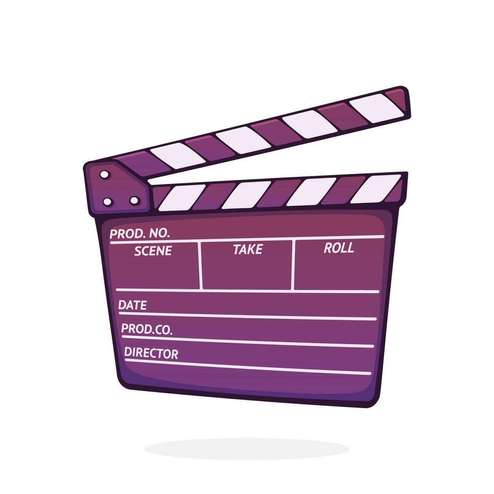 öppen clapperboard Begagnade i bio när skytte en filma. film kläpp styrelse. symbol av de filma industri. tecknad serie vektor illustration med översikt. klämma konst isolerat på vit bakgrund