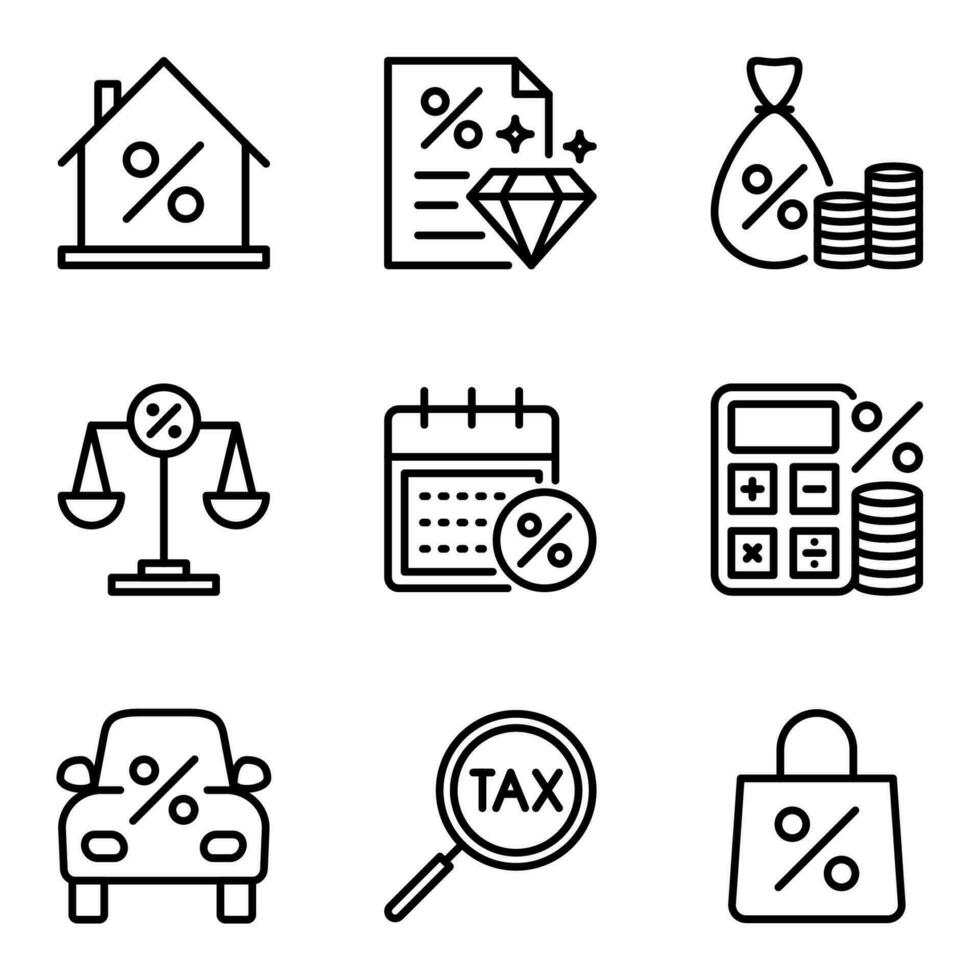 MwSt Linie Symbole. Steuer, Berechnung, Gesetz, legal, Gerechtigkeit, Einkommen, bezahlen, sparen, Buchhaltung, Genehmigung, Rate, Darlehen, Schild, zahlen, Regierung, Zahlung, Schlaganfall, bilden vektor