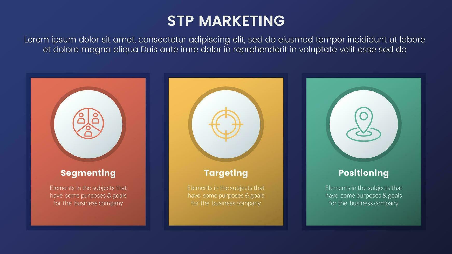 stp Marketing Strategie Modell- zum Segmentierung Kunde Infografik 3 Stufen mit Vertikale Rechteck Box und dunkel Stil Gradient Thema Konzept zum rutschen Präsentation vektor