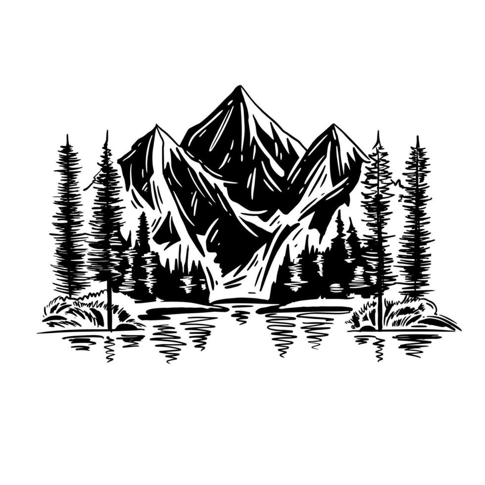 berg landskap med en sjö och gran träd. hand dragen bergen och sjö. vektor illustration isolerat på vit bakgrund.