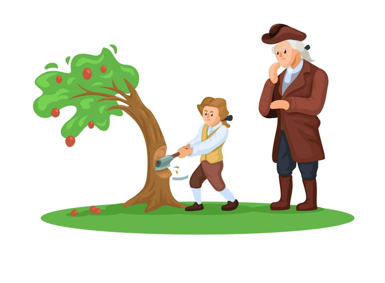 George Washington Schneiden Kirsche Bäume mit seine Vater. zuerst Präsident von das vereinigt Zustände Amerika ikonisch Geschichte Szene Illustration Vektor