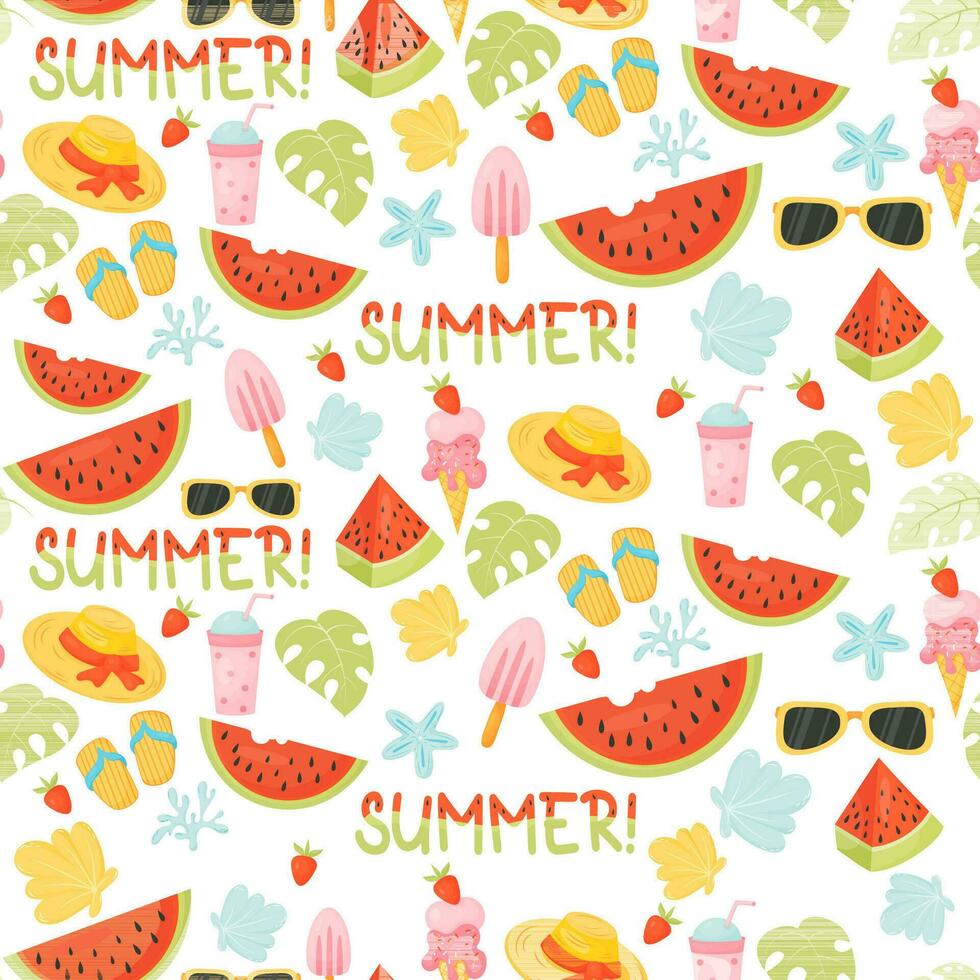sommar sömlös mönster med vattenmelon, skal, sugrör hatt, tofflor, is grädde på vit bakgrund. vektor illustration i platt tecknad serie stil för design, tapet, omslag papper, tyg.