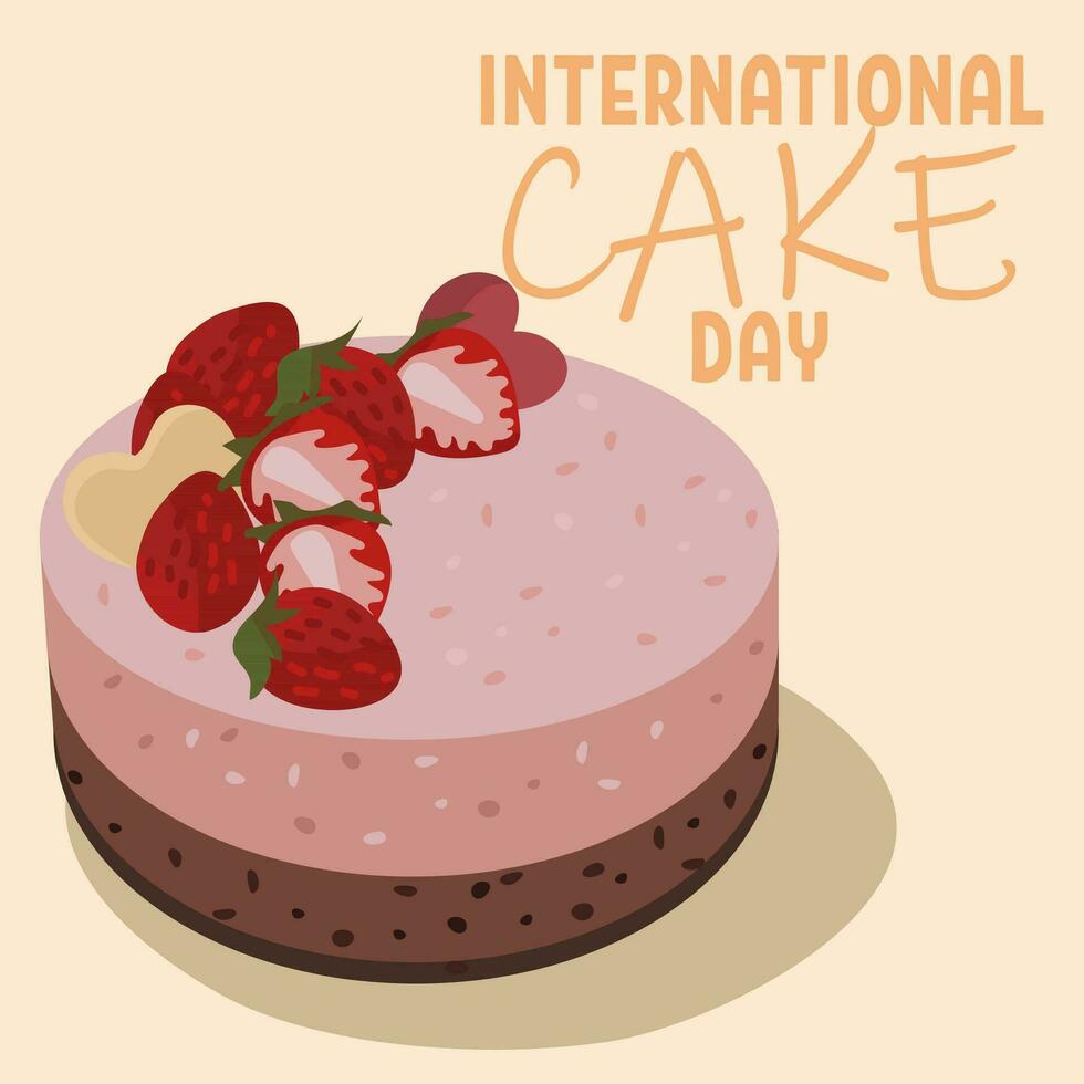 internationell kaka dag, rosa naturlig kaka med jordgubbar på ljus. de glad Semester är berömd på juli 20. vektor mall för typografisk affisch, baner, flygblad, klistermärke, t-shirt, etc.