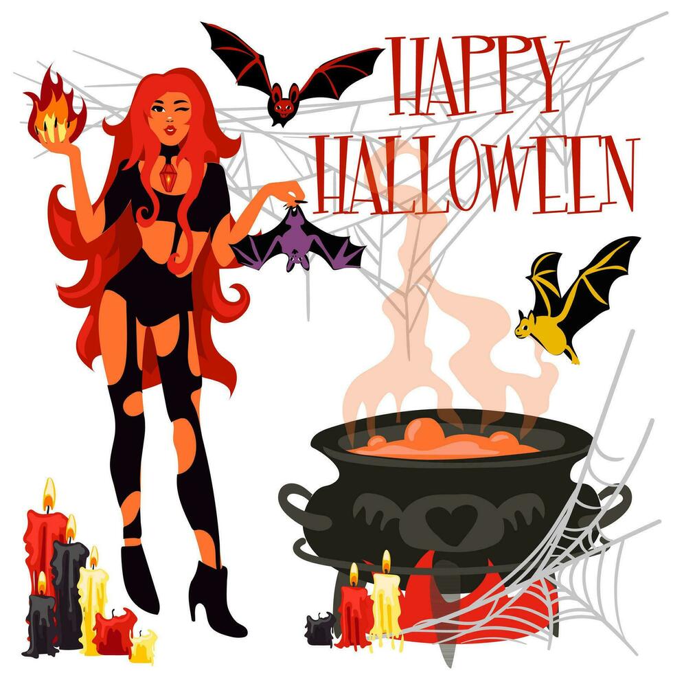 vektor illustration av en häxa med fladdermöss, en kittel, ljus, brand, spindelväv och de inskrift Lycklig halloween för en fest inbjudan kort, affisch. hälsning kort, baner för de dag av de död-