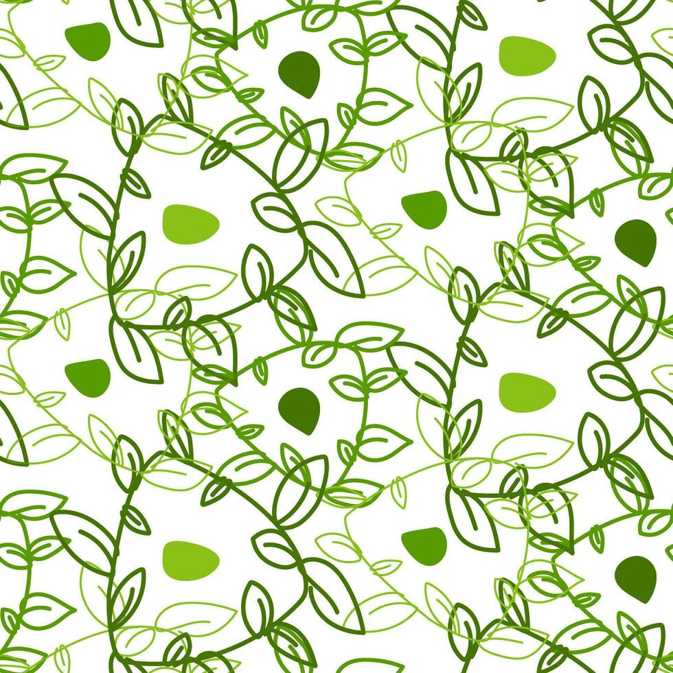 ein Muster von Grün Blätter von abstrakt geflochten Formen. Hintergrund zum Drucken auf Öko Thema. frisch Themen von Frühling, Natur, Blüte. botanisch nahtlos Muster, handgemalt Kunst Linien vektor