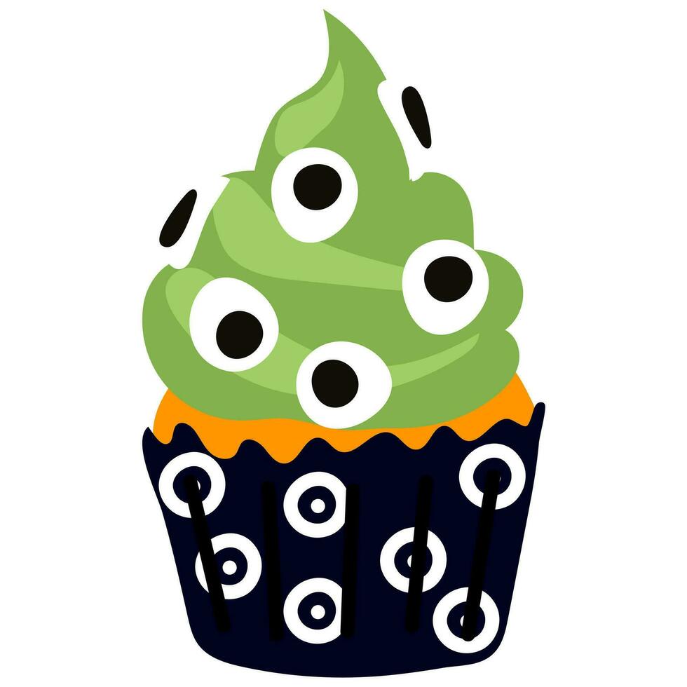 Vektor Karikatur Cupcake mit Grün Sahne und viele von Augen. süß Halloween Gebäck. komisch Herbst Karikatur Dessert zum Halloween. Zeichnung zum Postkarten, Party Einladungen