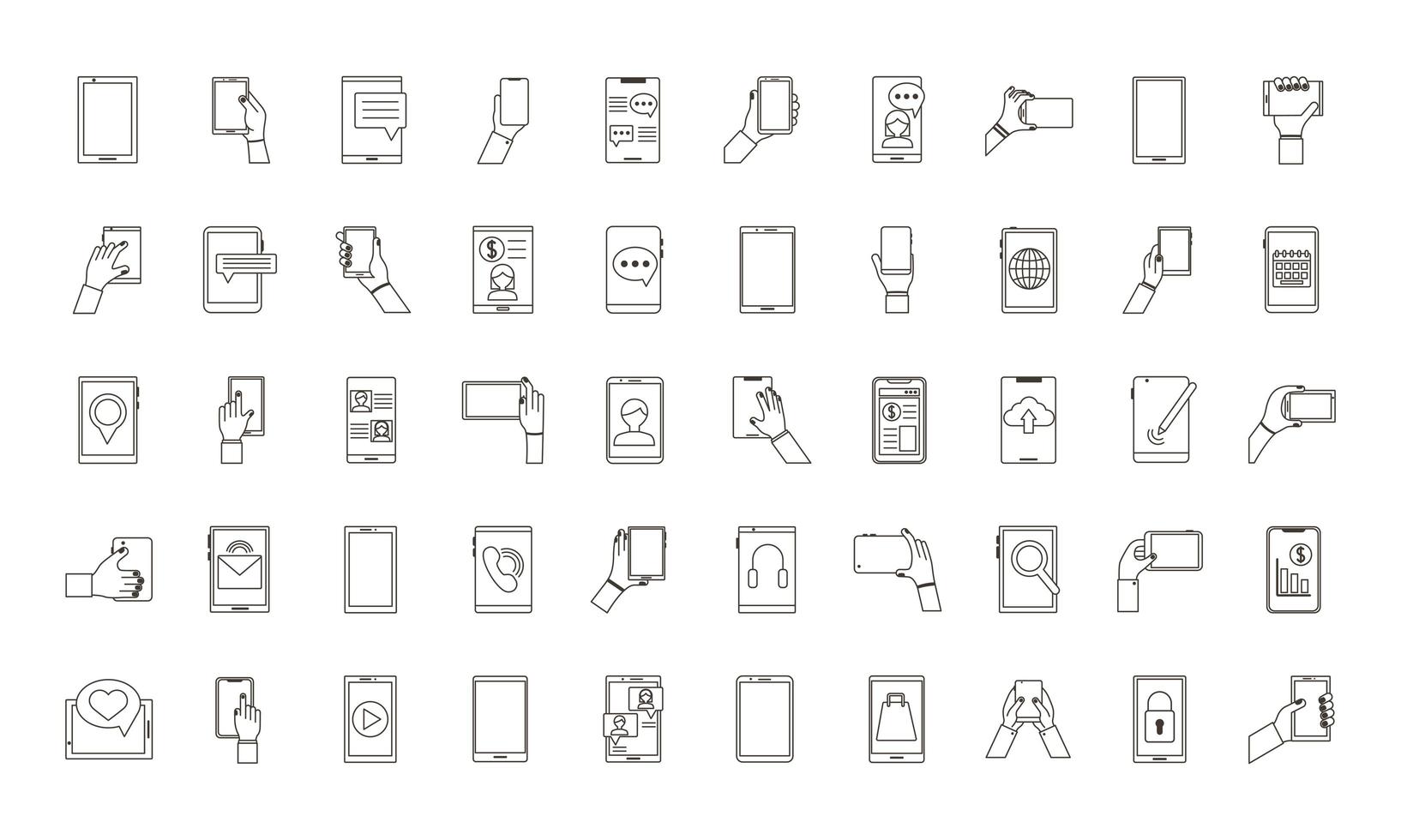Bündel von fünfzig Smartphones Geräte setzen Symbole vektor