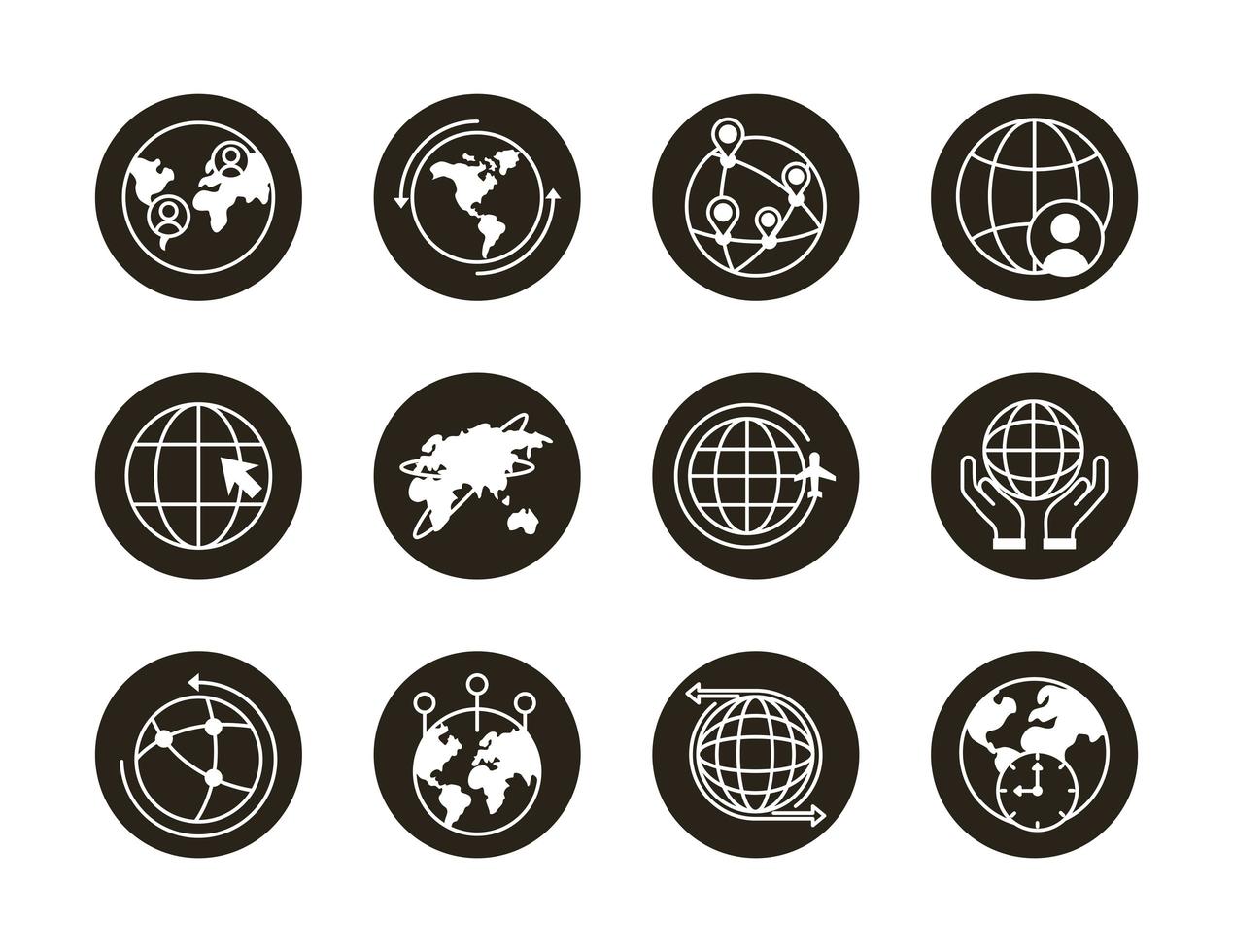 Bündel von zwölf Weltplaneten-Set-Symbolen vektor