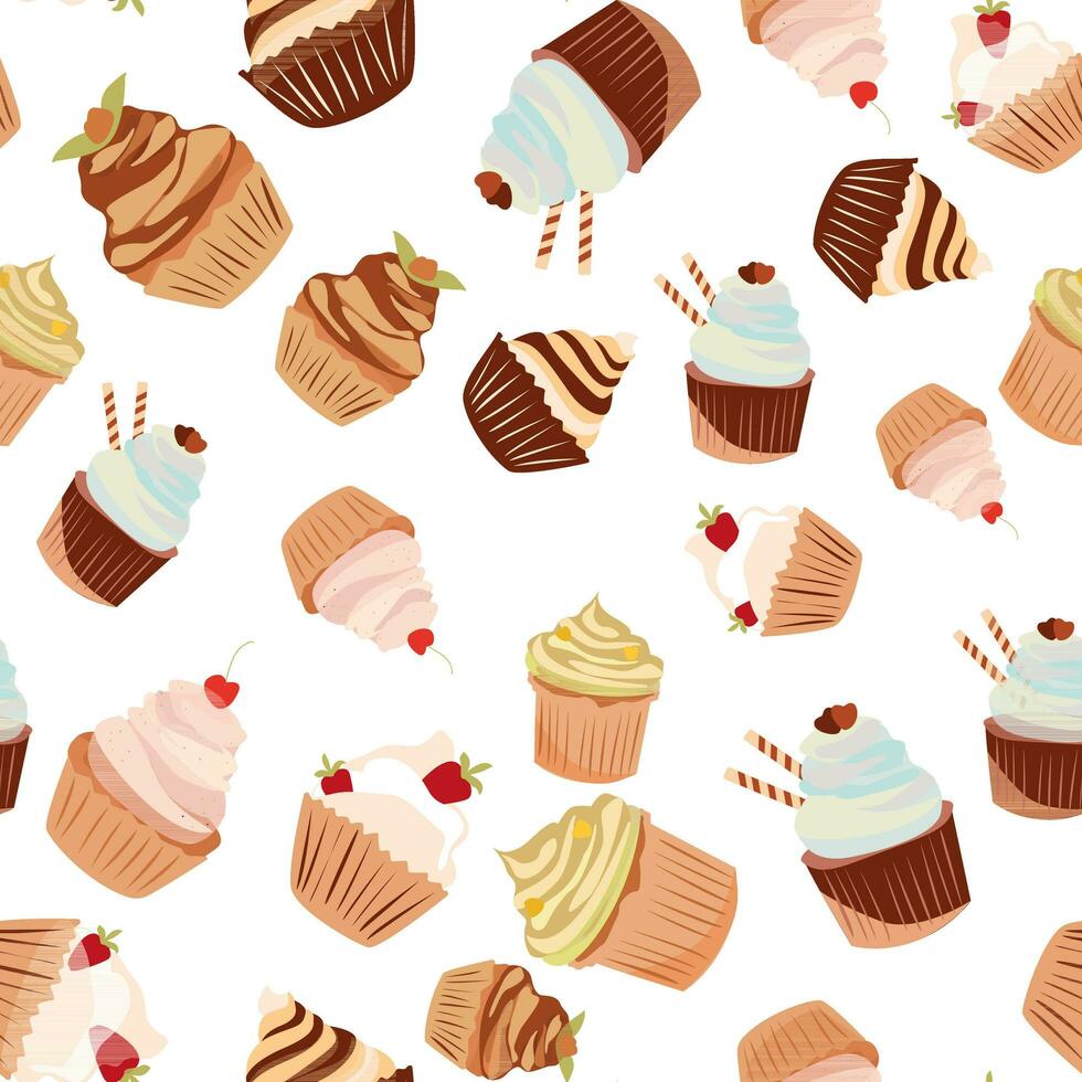 Vektor nahtlos Muster mit Kuchen. Urlaub Hintergrund zum Geburtstag Party. Hintergrund mit Cupcakes und Muffins. endlos Textur zum Kinder Kleidung.