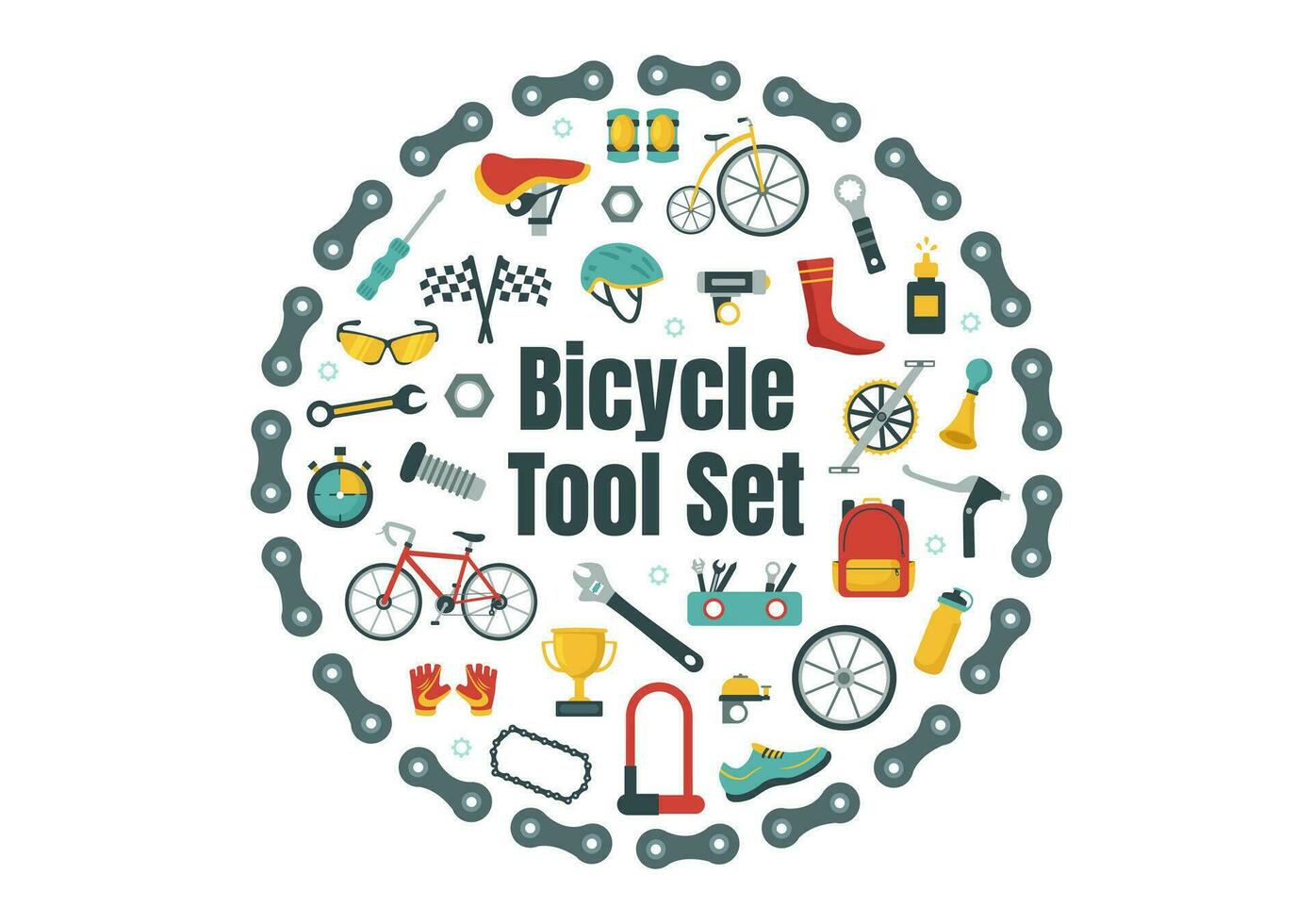 cykling och cykel verktyg uppsättning vektor illustration av en mekaniker reparation cyklar i en verkstad med reserv delar i platt tecknad serie hand dragen mall