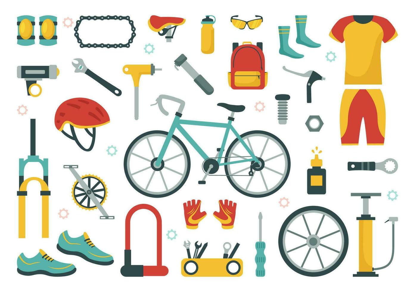 Radfahren und Fahrrad Werkzeug einstellen Vektor Illustration von ein Mechaniker reparieren Fahrräder im ein Werkstatt mit schonen Teile im eben Karikatur Hand gezeichnet Vorlage