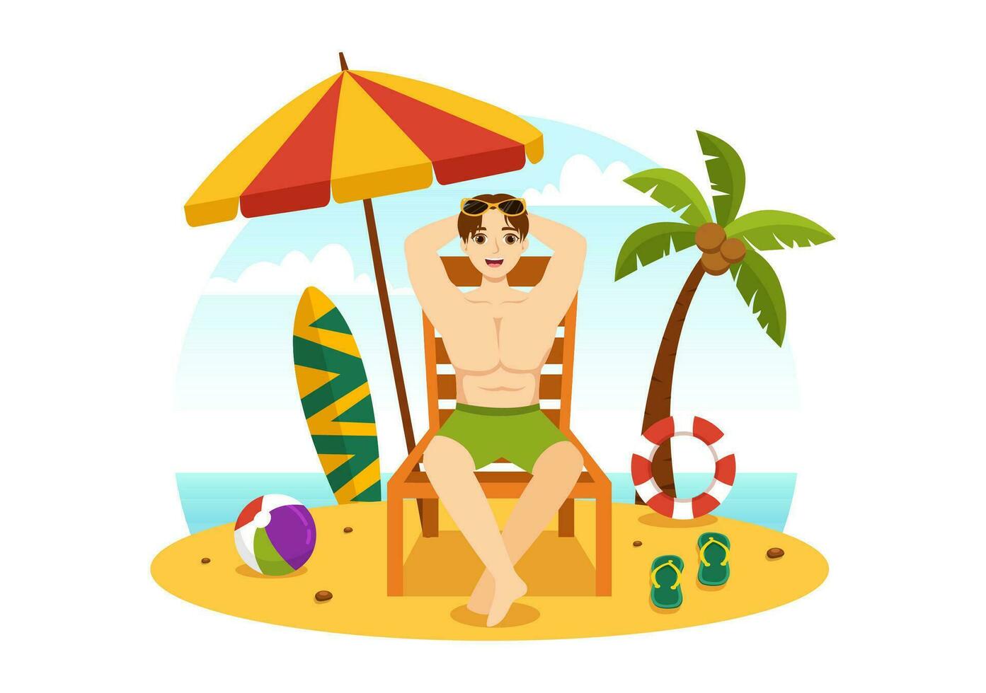 Sonnenbaden Vektor Illustration von Menschen Lügen auf Chaise Salon und entspannend auf Strand Sommer- Ferien im eben Karikatur Hand gezeichnet Vorlagen