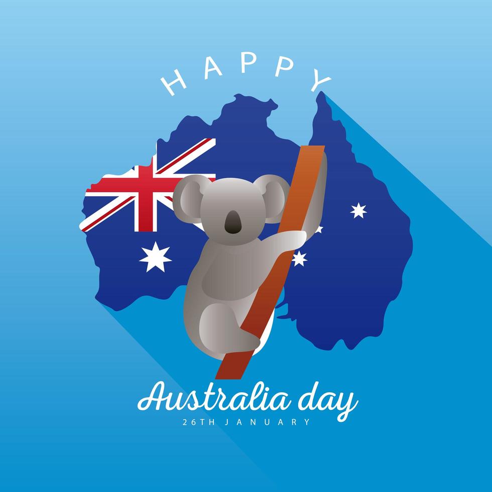 glücklicher australischer Tagesbeschriftung mit Koala und Kartendekoration über blauem Hintergrund vektor