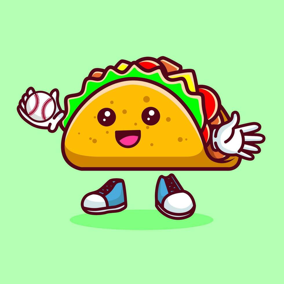 Vektor Illustration von kawaii Taco Karikatur Charakter mit Baseball Schläger und Ball. Vektor eps 10