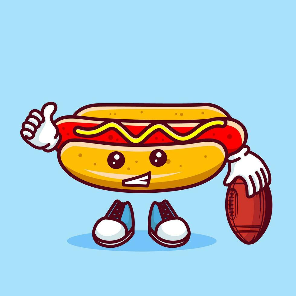 Vektor Illustration von kawaii heiß Hund Karikatur Charakter mit amerikanisch Fußball Ball. Vektor eps 10