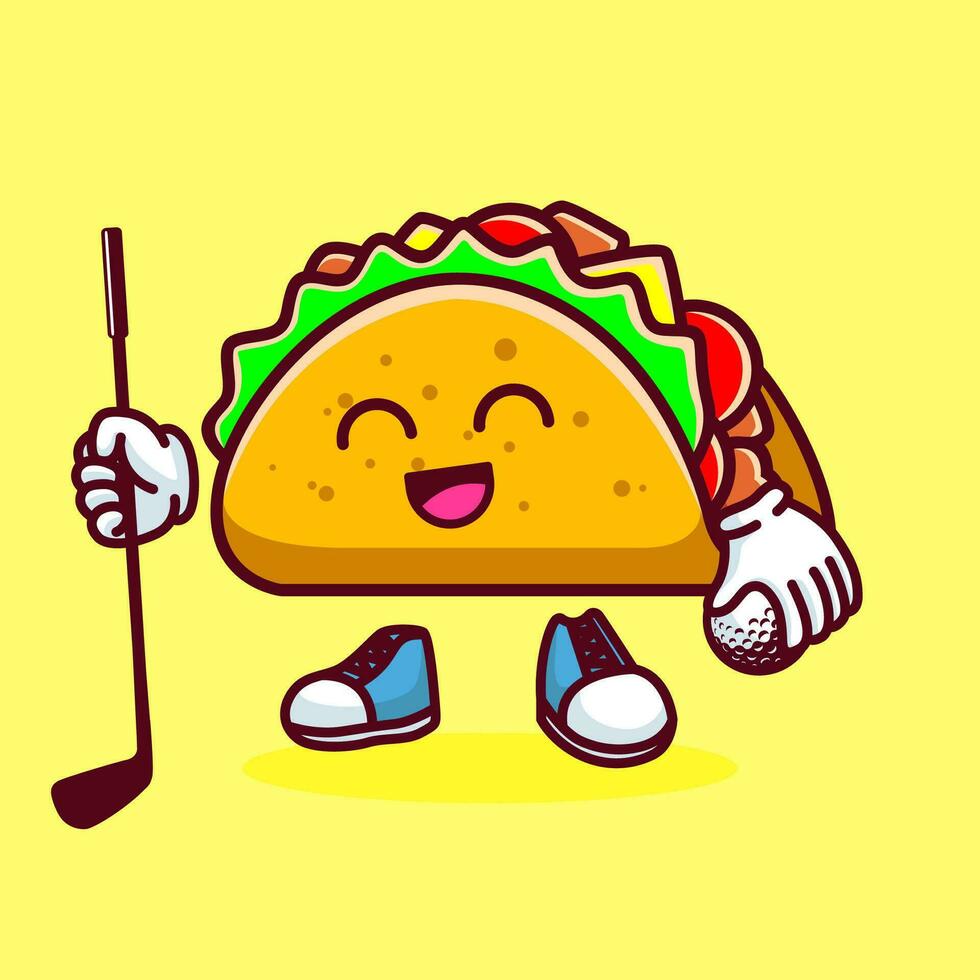 vektor illustration av söt taco tecknad serie karaktär med pinne golf och boll. vektor eps 10