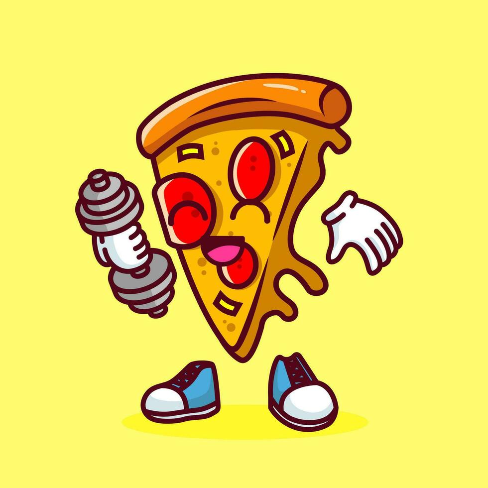 Vektor Illustration von kawaii Pizza Karikatur Charakter mit Hantel. Vektor eps 10