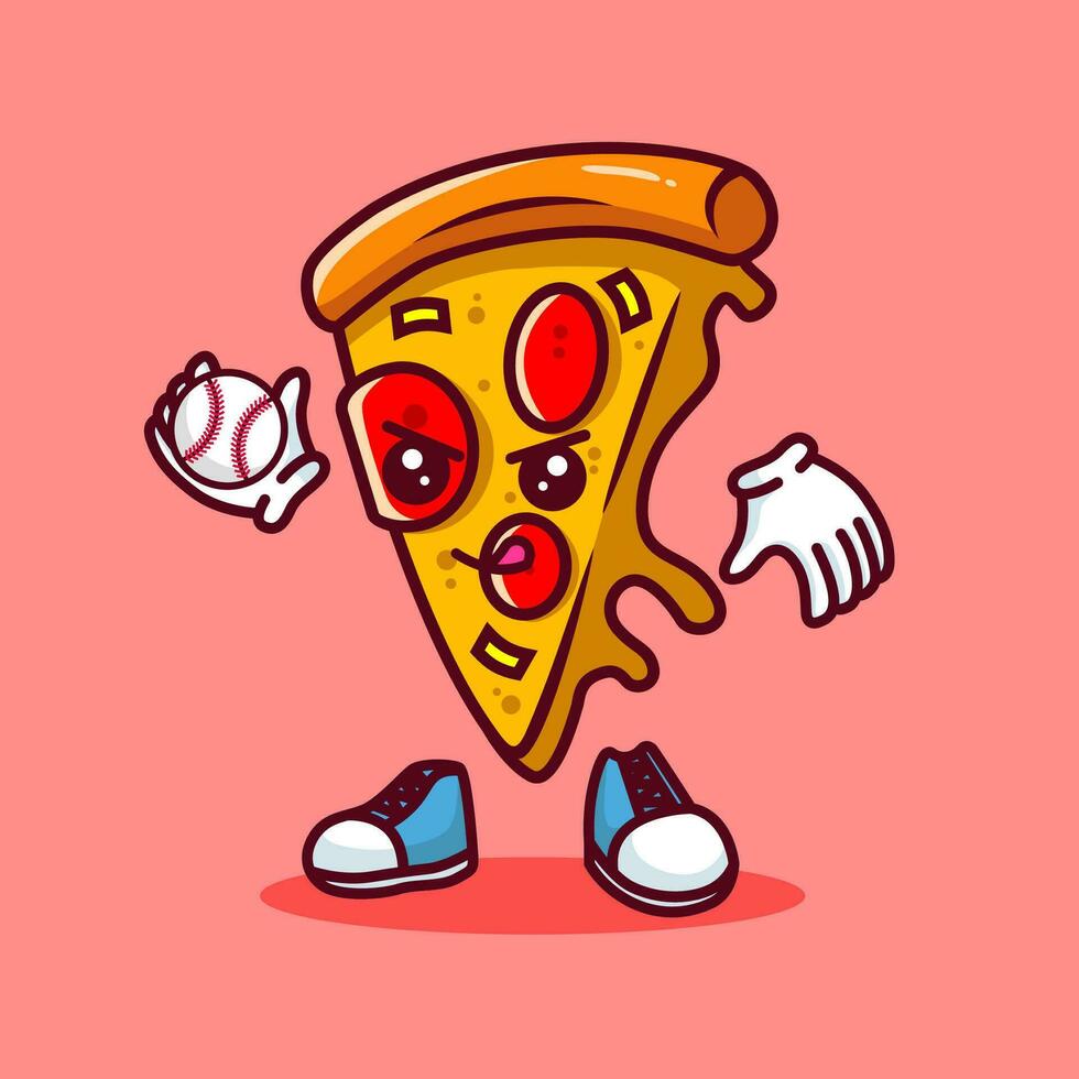 Vektor Illustration von kawaii Pizza Karikatur Charakter mit Baseball Schläger und Ball. Vektor eps 10