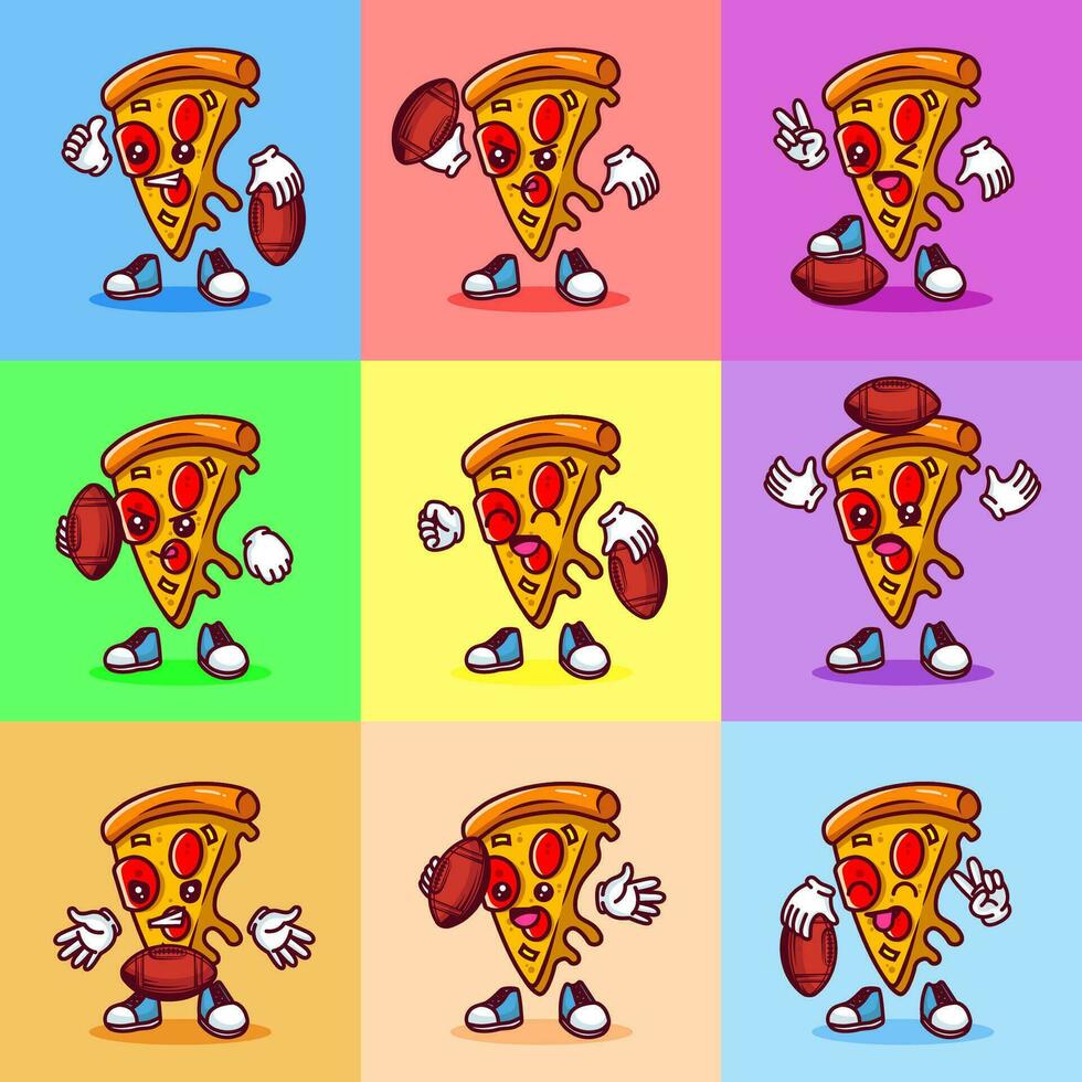 uppsättning av vektor illustration av söt pizza tecknad serie karaktär med amerikan fotboll boll. vektor eps 10