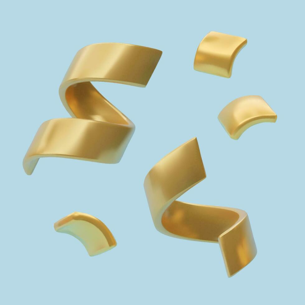 realistisch 3d Gold Konfetti. fliegend lockig Bänder und funkeln drei dimensional Vektor Illustration. Gelb Metall festlich Elemente einstellen auf Licht Blau Hintergrund.