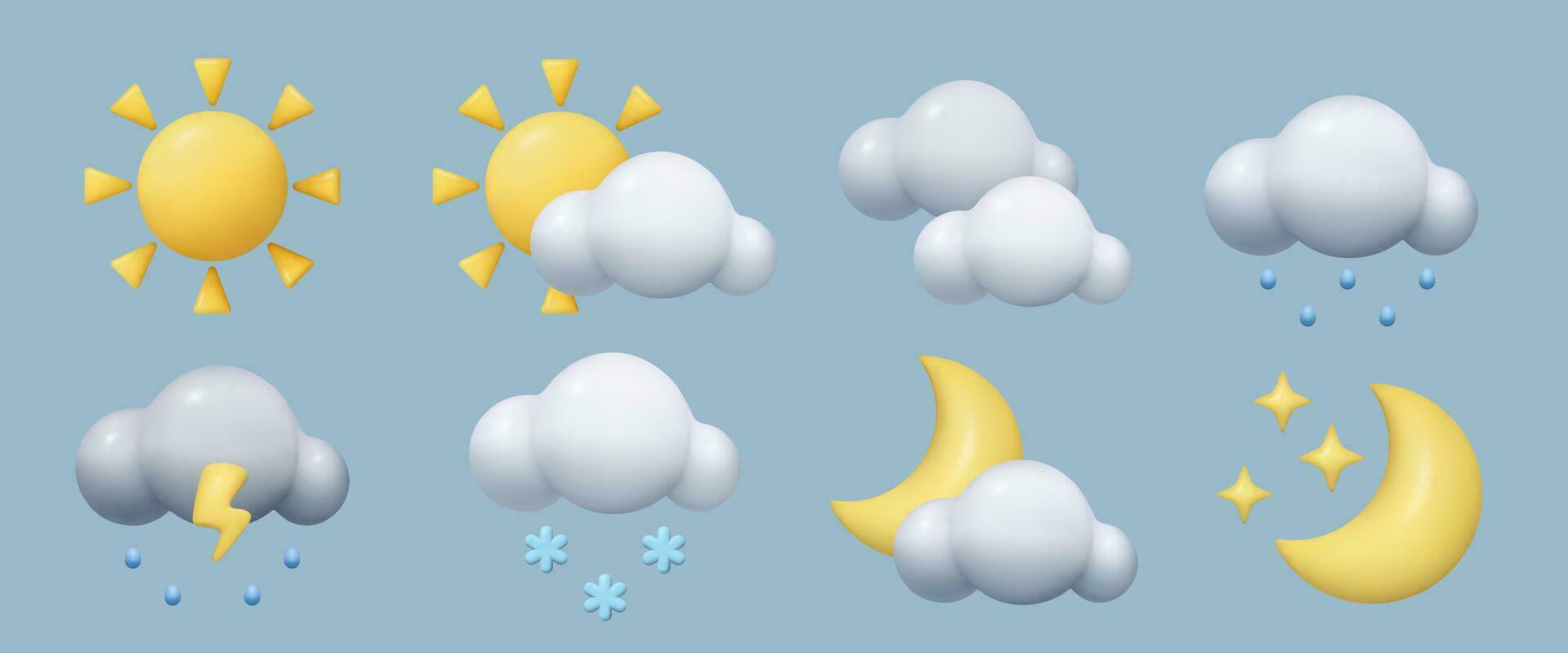 3d Wetter Prognose Symbole Satz. minimal süß Spielzeug drei dimensional Vektor Himmel Design Elemente Sammlung. Sonne Mond ster Wolke Schneeflocke Regentropfen Blitz Bolzen