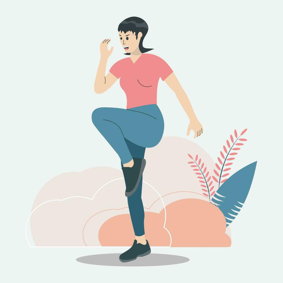 kvinna lidande från knä smärta. hälsa vård begrepp tecknad serie vektor illustration