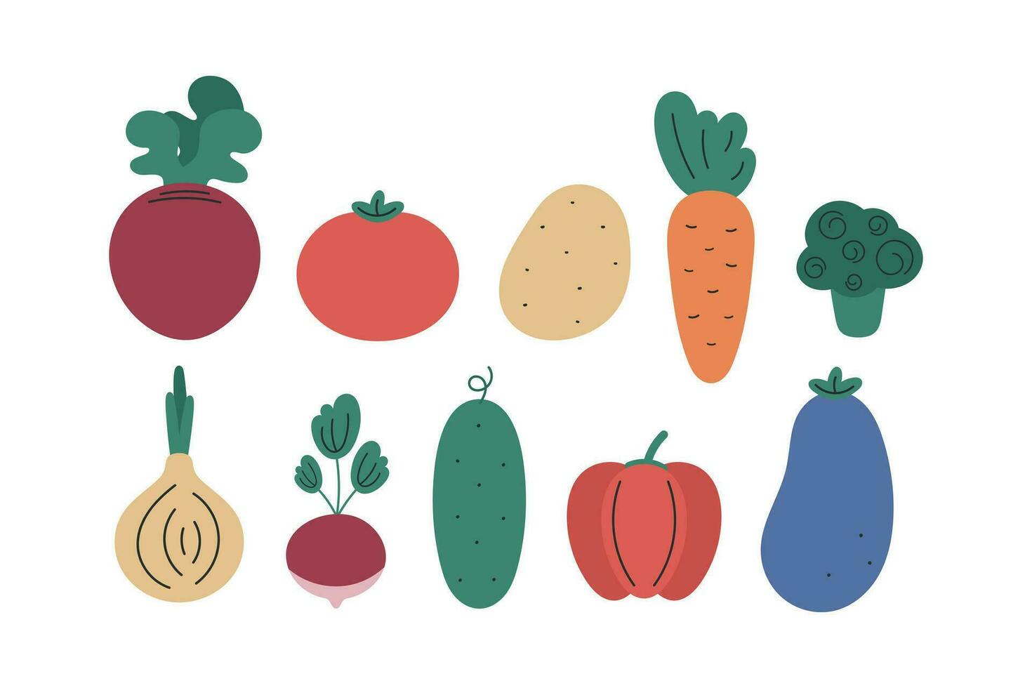 groß einstellen mit Gemüse. Rote Beete, Tomate, Kartoffel, Karotte, Brokkoli, Zwiebel, Rettich, Gurke, Pfeffer, Aubergine. Vektor Illustration auf ein Weiß Hintergrund.