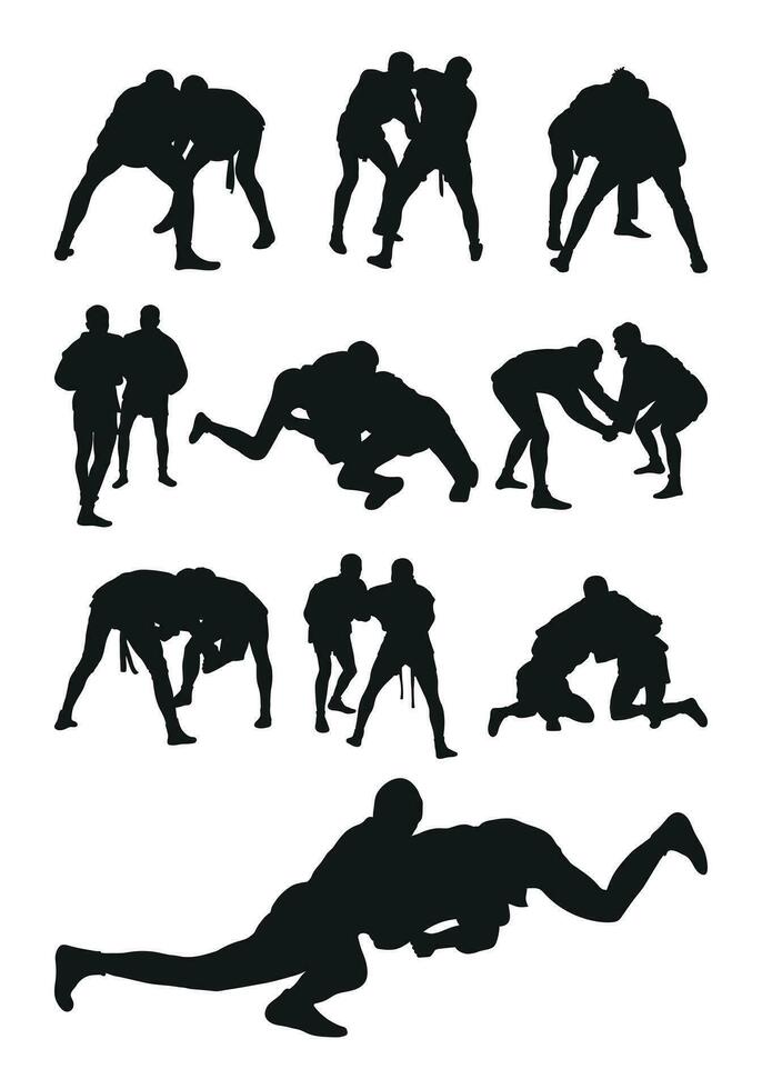 einstellen von Wirklichkeit Silhouetten von sambo Sportler im sambo Ringen, Kampf Sambo, Duell, Streit, Faustkampf, Kampf, Kampf, Schlägerei, jiu Jitsu. kriegerisch Kunst, Sportlichkeit vektor