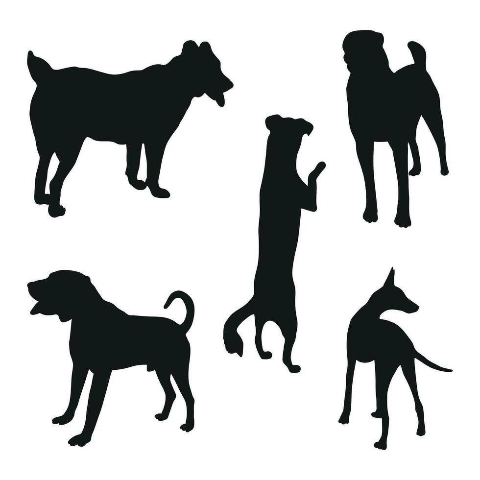 skizzieren von schwarz Silhouetten von Hunde im Posen. Gliederung von Haustiere gehen, Stehen, Betrieb, Springen, Ausbildung, gehen, Bewachung, posieren, spielen, zeigen vektor