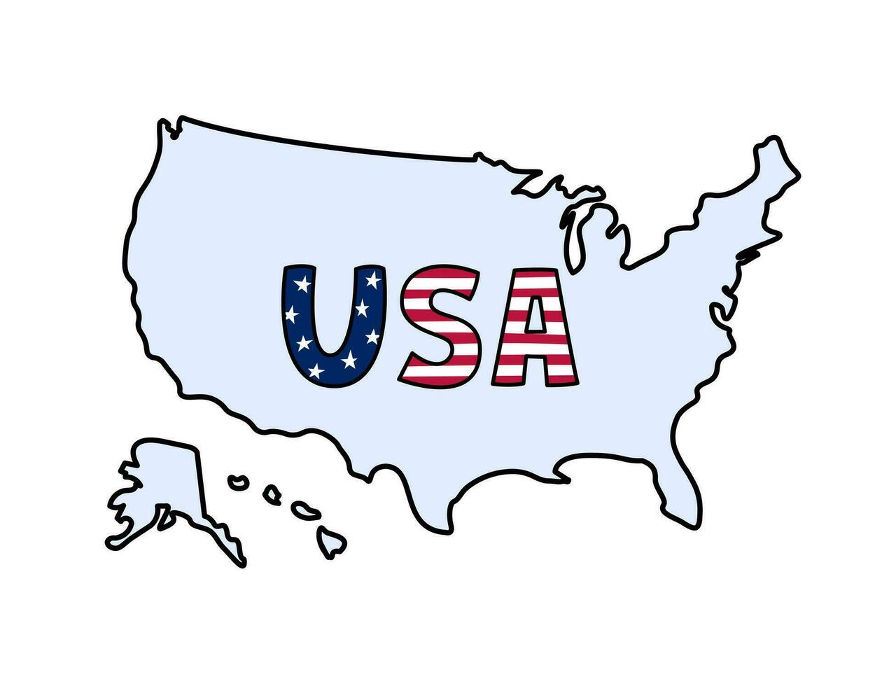USA Karte Konturen Gekritzel. Vektor Illustration. vereinigt Zustände von Amerika Land. Hand gezeichnet georpaphisch Grenzen mit Alaska und Hawaii, Text USA.