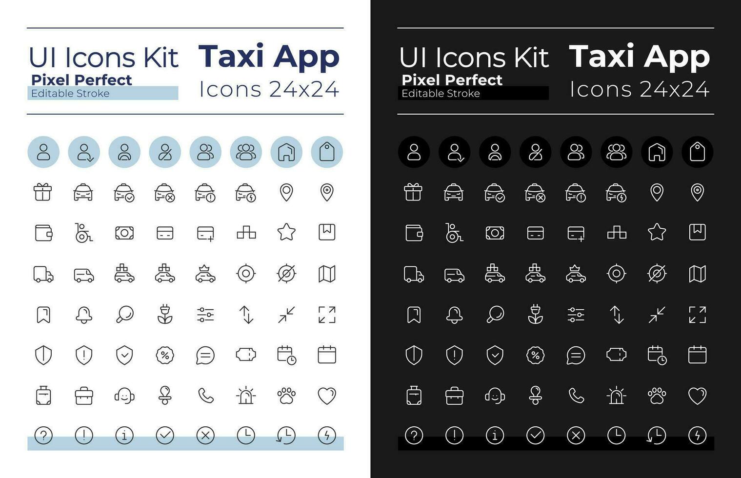 Taxi Bedienung Pixel perfekt linear ui Symbole einstellen zum dunkel, Licht Modus. Gliederung isoliert Benutzer Schnittstelle Elemente zum Nacht, Tag Themen. editierbar Schlaganfall vektor