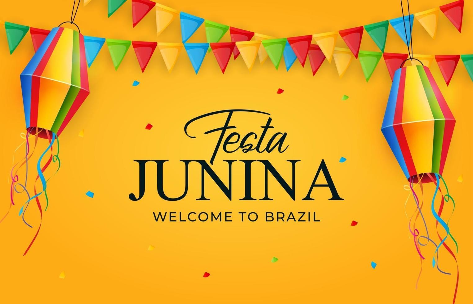 festa junina bakgrund med festflaggor och lyktor. Brasilien juni festival bakgrund för gratulationskort vektor
