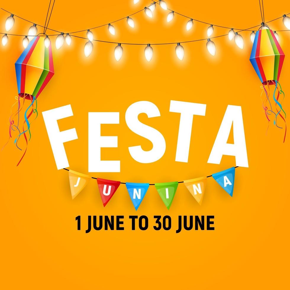 festa junina bakgrund med festflaggor och lyktor. Brasilien juni festival bakgrund för gratulationskort vektor