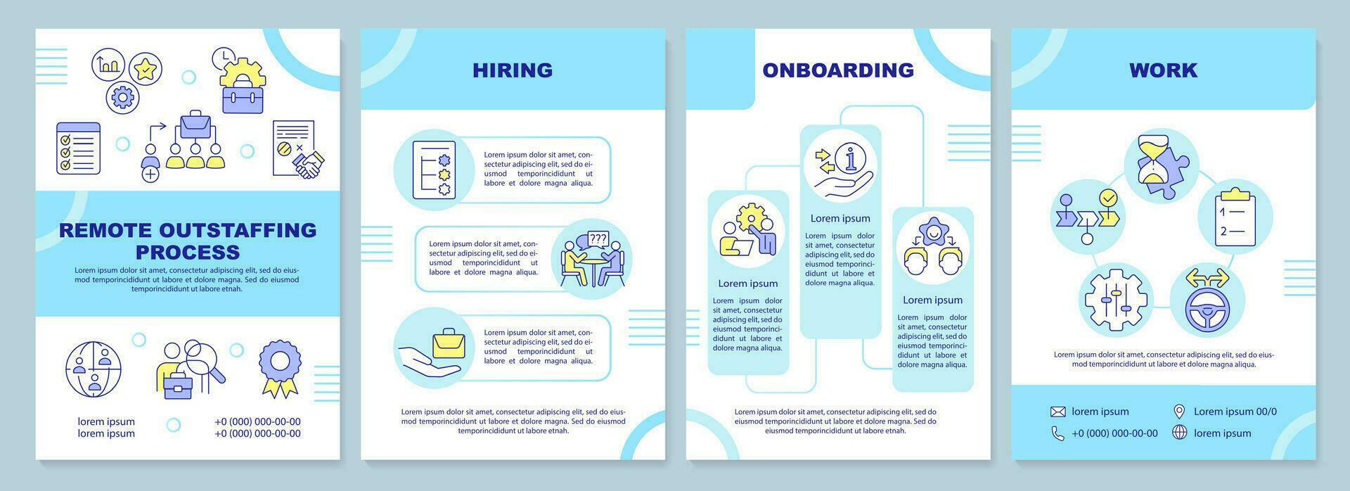 Fernbedienung Überbesetzung Prozess Blau Broschüre Vorlage. Onboarding. Flugblatt Design mit linear Symbole. editierbar 4 Vektor Layouts zum Präsentation, jährlich Berichte