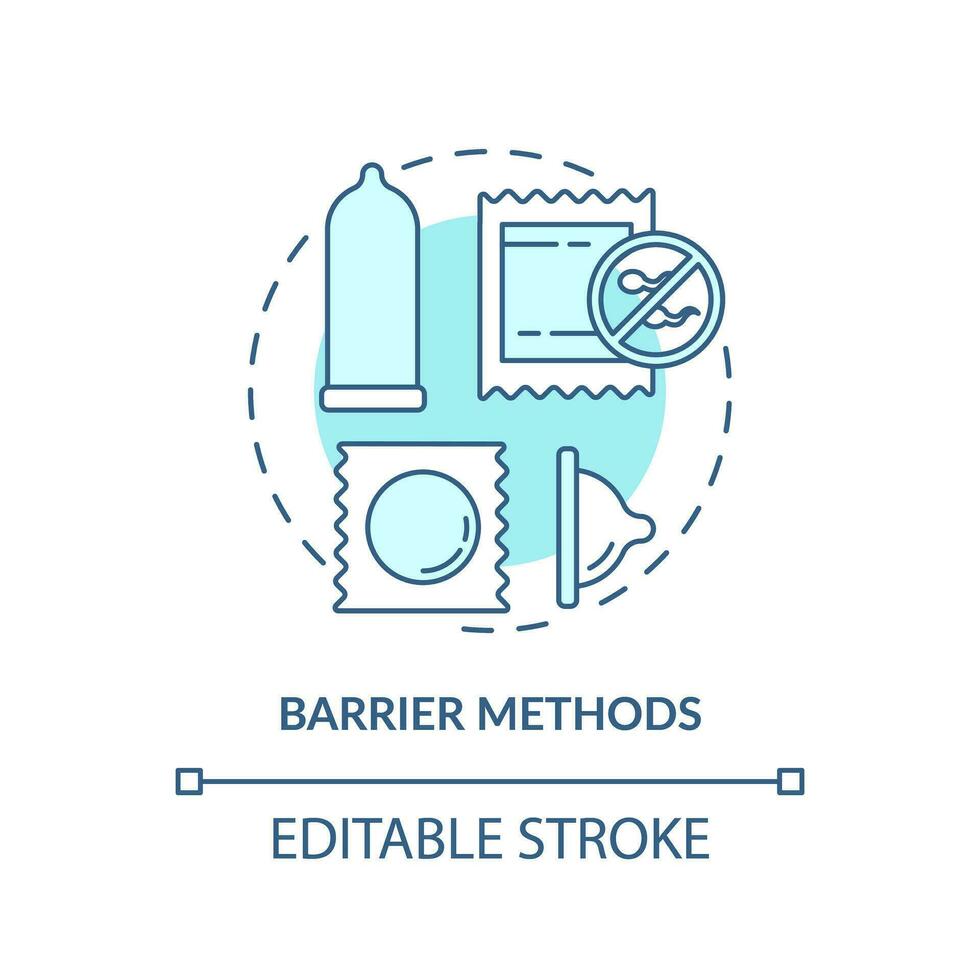 Barriere Methoden Türkis Konzept Symbol. vorbeugend Medizin. Verhütungsmittel Hilfe. Familie Planung. gesund Frau abstrakt Idee dünn Linie Illustration. isoliert Gliederung Zeichnung. editierbar Schlaganfall vektor