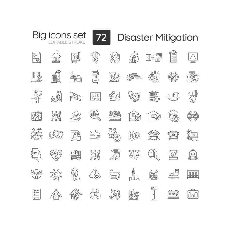 katastrof lindring linjär ikoner uppsättning. risk förvaltning. skada förebyggande. strategi och planera. anpassningsbar tunn linje symboler. isolerat vektor översikt illustrationer. redigerbar stroke