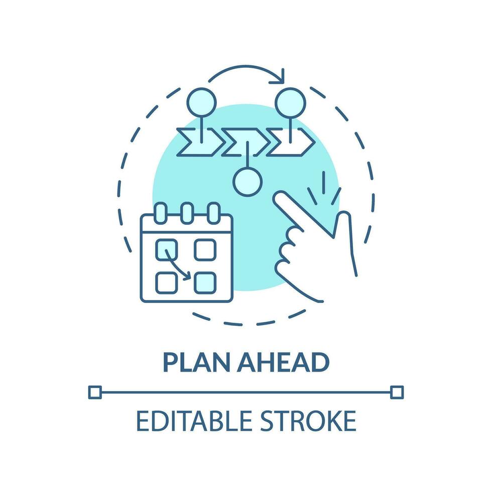 planen voraus Türkis Konzept Symbol. Stress die Ermäßigung. Was nächste. Inhalt Kalender. Marketing Aktivität. veröffentlichen online abstrakt Idee dünn Linie Illustration. isoliert Gliederung Zeichnung. editierbar Schlaganfall vektor